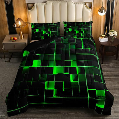 Erosebridal Green Black Bedding Set Queen Size Neon Geometric Kids Comforter Set 3 Pcs Honeycomb Bed Sets Modern Quilt,1 Comforter 2 Pillow Cases Cool Room Decor, Bside Black
