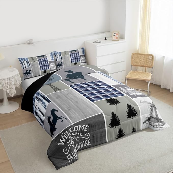 Erosebridal Western Cowboy Comforter Set Twin Size, Farmhouse Horse Bedding Set for Kids Boys Teens Adult Bedroom Decor, Rustic Cabin Lodge Windmill Quilt Rooster Pig Farm Animal Duvet Insert