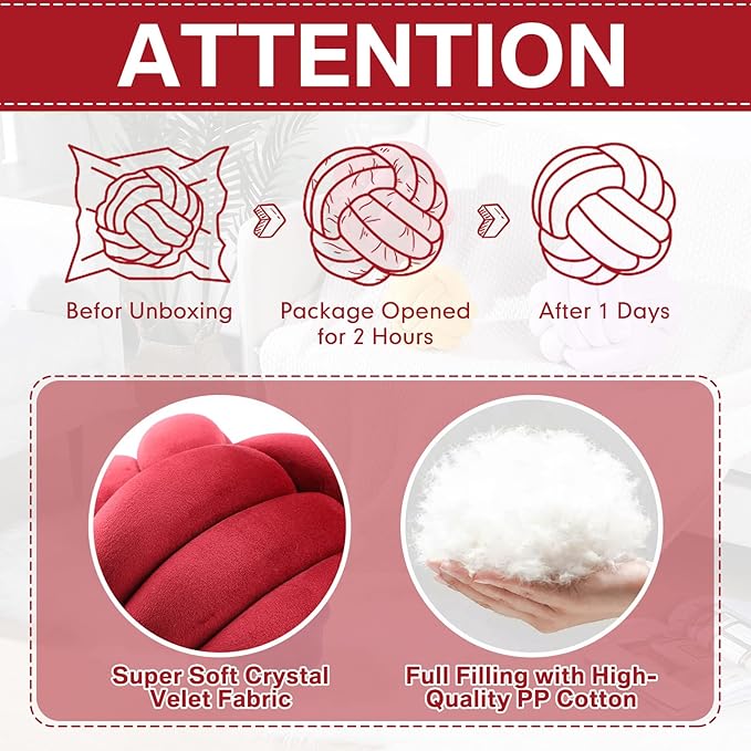 Namalu 2 Pieces Knot Ball Pillows Round Plush Aesthetic Cushion Pillows Soft Stress Relieving Cute Decorative Knotted Pillows for Kids Bed Sofa Bedroom Decor (Wine Red, 10.6 Inches)