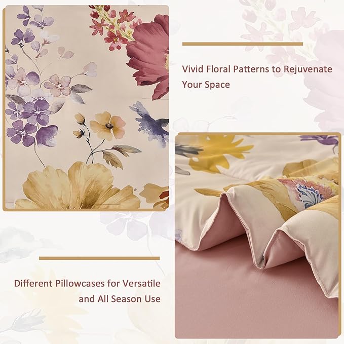 DJY 7 Pieces King Floral Comforter Set, Cream & Blush Botanical Bed in a Bag, Soft Microfiber Comforter and Sheet Set with Flower Leaves Pattern, Floral Bedding Set for All Season(104''x90'')