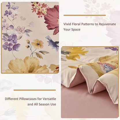DJY 7 Pieces King Floral Comforter Set, Cream & Blush Botanical Bed in a Bag, Soft Microfiber Comforter and Sheet Set with Flower Leaves Pattern, Floral Bedding Set for All Season(104''x90'')
