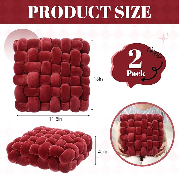Wenqik 2 Pcs Knot Pillows Square Knotted Plush Throws Soft Accent Pillows Decoration Cushion for Couch Home Office Living Room Bedroom Bed Sofa Decor, 12'' x 13''(Burgundy,Crystal Velvet)