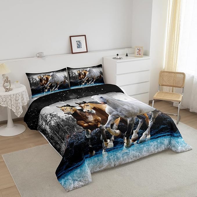 Feelyou Horse Comforter Set Galloping Horse Bedding Set for Kids Boys Girls Wildlife Comforter Farm Animal Quilt Set 1 Comforter Set with 2 Pillowcases Full Size