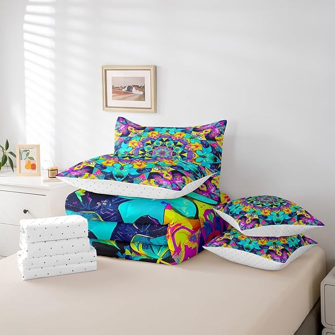 Oriental Mandala Comforter Set Vintage Floral Bedding Comforter Sets for Toddler Kids, Art Deco Medallion Bed in a Bag Boho Teal Pink Bedding King Size 7pcs, Retro Aesthetic Bedding Accessories
