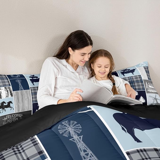 Erosebridal Farmhouse Horse Quilt, Rustic Windmill Comforter Set Queen Lodge Cabin Patchwork Bedding Set for Kids Teens Adult, Farm Animal Cowboys Horseshoe Down Comforter, 2 Pillow Cases, Grey Blue
