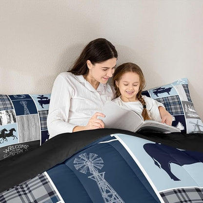 Erosebridal Farmhouse Horse Quilt, Rustic Windmill Comforter Set Twin Lodge Cabin Patchwork Bedding Set for Kids Teens Adult, Farm Animal Cowboys Horseshoe Down Comforter, 1 Pillow Case, Grey Blue
