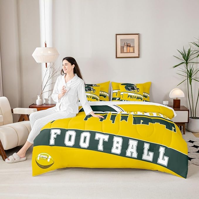 Erosebridal Football 7 Pcs Comforter Set King Football Fans Bedding for Boys Girls Football City Sheet Set Bed in A Bag Yellow Rugby Competition Room Decor Sports Ball Game Quilt