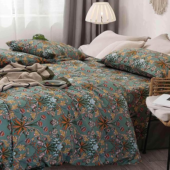 Bohemia Comforter Set Queen Size, Dark Green Vintage Floral Pattern Printed Bedding Sets - 3 Pcs Soft and Lightweight Duvet Bed in a Bag for Women Boho Bed Home Decor, 90x90 inch