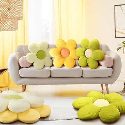 Sratte 3 Pcs Flower Pillows Flower Shaped Throw Pillows Cute Daisy Plush Pillow Decorative Floor Pillow Seat Cushion for Bedroom Home Sofa Chair Couch Decor(Green, Yellow, White,16")