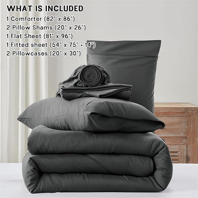 Anluoer Dark Grey Full Comforter Set 7 Pieces, Bed in a Bag with Sheets, All Season Bedding Sets with 1 Comforter, 2 Pillow Shams, 2 Pillowcases, 1 Flat Sheet, 1 Fitted Sheet