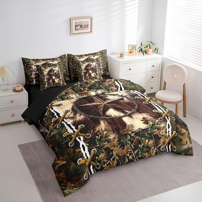 Erosebridal Cabin Queen Comforter Set with Sheets | Western Texas Star Cowhide 7-Piece Bedding Set Mens Camouflage Bed in a Bag, Woodland Animals Bed Sets,Camo Rustic Farmhouse Decor Camo Bed Set