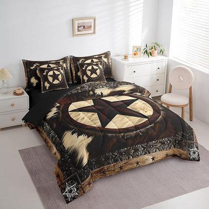 Erosebridal 7 Pcs Rustic Cow Comforter Set Full Size,Western Texas Star Bed in a Bag with Flat Fitted Sheet for Cowboy Cowgirl,Cowhide Cow Print Bedding Set with Pillowcases and Cushion Cases