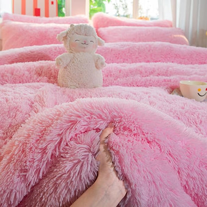 chovy Faux Fur Plush Light Pink Comforter Sets Full/Queen - Ultra Soft Shaggy Flannel Velvet Fluffy Fuzzy 3PC Bedding Set （Comforter x 1 Pillowcases x 2）