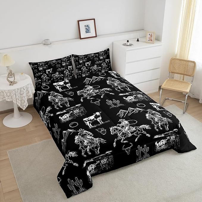 Erosebridal Western Cowboy Bedding Full Black White Horse Cow Print Comforter Set for Kids Boys Teen Men Country Wild West Bedding Comforter Sets Desert Cactus Quilt Duvet Rustic Room Decor