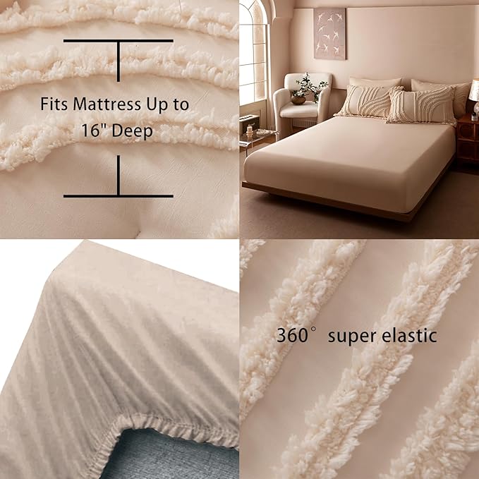 Khaki Queen Comforter Set - 7 Pieces Bed in a Bag, Premium Comforters Queen Size Bed Set Tufted Shabby Chic Bedding Comforter Set with Flat Sheet, Fitted Sheet and Pillowcases,Khaki