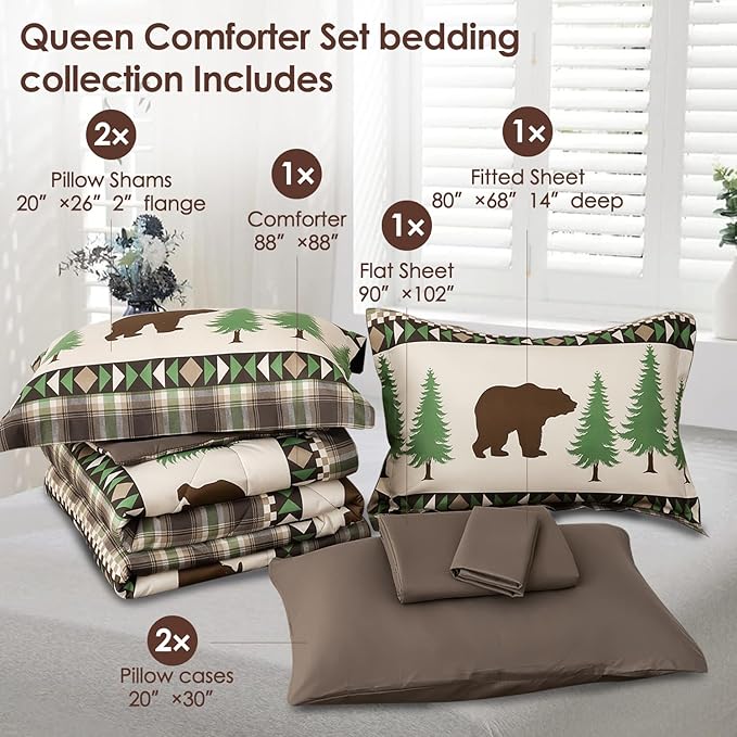 Comforter Set Queen Size Rustic Bear Comforter Bedding-7 Piece Bed in a Bag, Soft Fluffy Reversible Microfiber Bedding Set(1 Comforter,1 Flat Sheet,1 Fitted Sheet,2 Pillowcases,2 Pillow Shams),Green