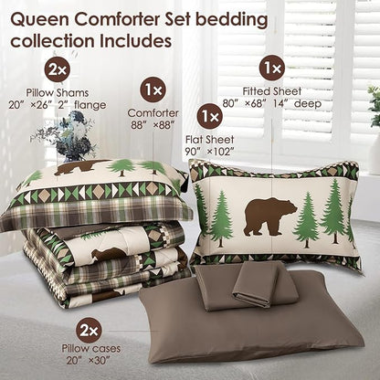 Comforter Set Queen Size Rustic Bear Comforter Bedding-7 Piece Bed in a Bag, Soft Fluffy Reversible Microfiber Bedding Set(1 Comforter,1 Flat Sheet,1 Fitted Sheet,2 Pillowcases,2 Pillow Shams),Green