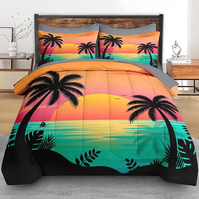 Comforter Set King Size, Beach Sunset Palm Tree 7 Pcs Bedding for Kids and Adults, Colorful Retro Tropical Bed Sheet Sets with Fitted Sheet 2 Pillowcases & 2 Shams for Bedroom Bed Decor