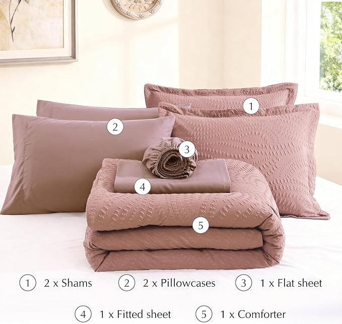 Geniospin King Size Comforter Set - 7 Pieces Dusty Pink Bedding Set, Botanical Textured Comforter Bed Set, All Season Lightweight Bed in a Bag with Comforter, Sheets, Pillowcases & Shams