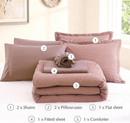 Geniospin King Size Comforter Set - 7 Pieces Dusty Pink Bedding Set, Botanical Textured Comforter Bed Set, All Season Lightweight Bed in a Bag with Comforter, Sheets, Pillowcases & Shams