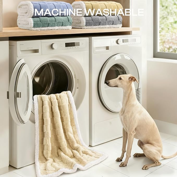 Luciphia Waterproof Dog Blanket for Large Dogs Washable Soft Sherpa Fleece Cat Blankets with 3D Jacquard Cozy Calming Reversible Bed Couch Protector Furniture Protection for Pet,Beige White,85x57 inch