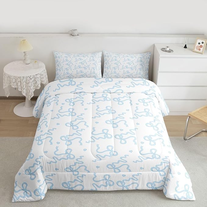 Blue Bow Print Comforter Set Twin Size,Girl Cartoon Love Heart Bedding Sets 2Pcs for Kids Girls Women Room Decor,Kawaii Princess Style Duvet Insert Girly Sweet Down Comforter,1 Pillowcase