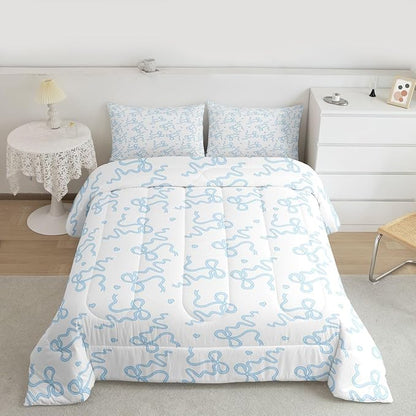 Blue Bow Print Comforter Set Queen Size,Girl Cartoon Love Heart Bedding Sets 3Pcs for Kids Girls Women Room Decor,Kawaii Princess Style Quilted Duvet Girly Sweet Down Comforter,2 Pillowcases