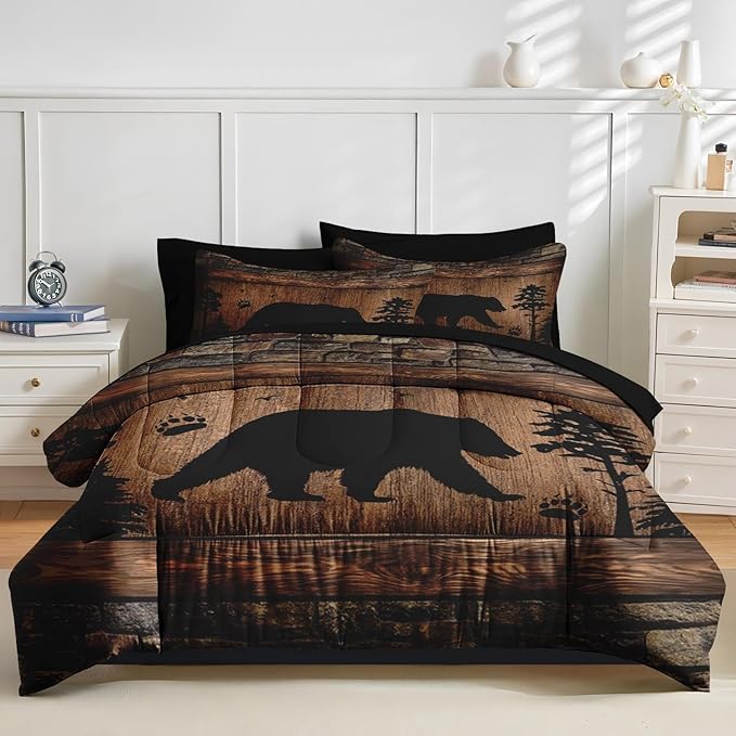Nesker 7 Pcs Comforter Set King Size, Wild Animal Brown Wooden Plank Bedding Set for Kids and Adults, Bears Farmhouse Cabin Rustic Bed Sheet Sets with Fitted Sheet 2 Pillowcases & 2 Shams