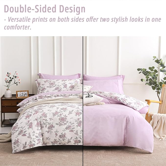 Pink Floral Cotton Comforter King Size 3PC - Vintage Romantic Botanical on Soft White with Smoky Pink Floral Reverse – Cozy Reversible Lightweight Comforter Set with Soft Fill(104"×90")