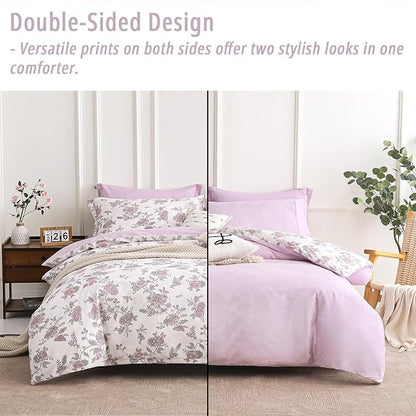 Pink Floral Cotton Comforter King Size 3PC - Vintage Romantic Botanical on Soft White with Smoky Pink Floral Reverse – Cozy Reversible Lightweight Comforter Set with Soft Fill(104"×90")