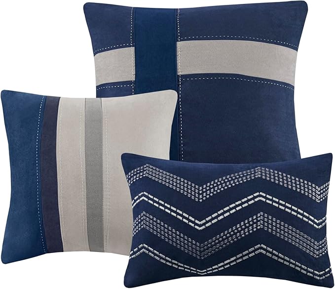 Madison Park Palisades Comforter Set Modern Faux Suede Pieced Stripe Design, All Season Down Alternative Cozy Bedding with Matching Shams, Decorative Pillows, King(104"x92"), Blue 7 Piece