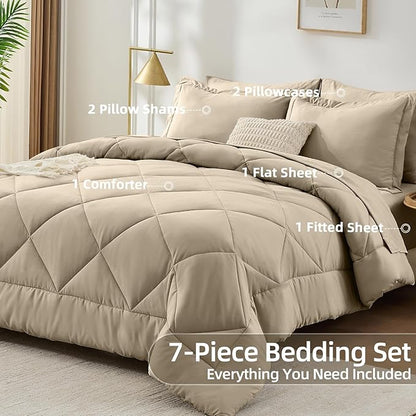 FUANNA 7 Pieces King Size Comforter Set, All Season Bed in a Bag King Size, Luxury Soft Bedding Sets with Comforter, Flat Sheet, Fitted Sheet, Pillowcases & Pillow Shams, Oatmeal
