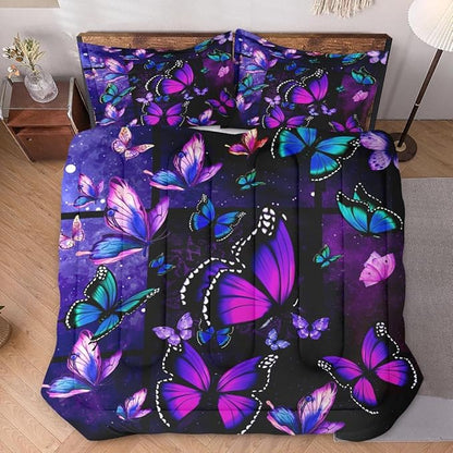 Comforter Set Queen Size with 2 Pillowcases, Summer Tropical Purple Butterfly 3 Pcs Bedding for Kids and Adults, Vintage Spring Galaxy Space Soft Comforter Set for Bedroom Bed Decor