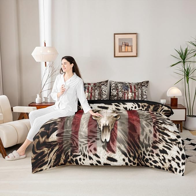 Erosebridal Deer Skull 7 Pcs Comforter Set Twin Size,Hunting Deer Bed in a Bag for Kids Boys Girls,Cheetah Leopard Print Sheet Set,Abstract American Flag Quilt Set,Africa Wild Animals Bedding Set