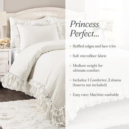 Lush Decor Ella Ruffle Lace Comforter, 3 Piece Set, King, White - Cute Comforter - King Bedding Set - White Bedding - Coquette Decor - Ruffle Trim - Lace Trim