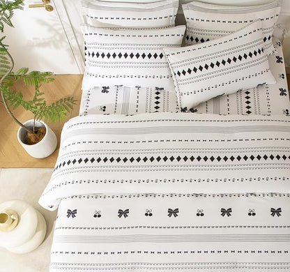 SDY 7PCS Bow Floral,Cherry Comforter and Sheet Set Full Size，Bohemian Print Pattern Bedding Sets Includes 1*Comforter,1* Flat Sheet, 1*Fitted Sheet,2*Pillowcases and 2*PillowcaseShams