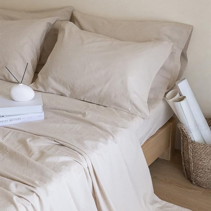 Simple&Opulence Belgian Linen Sheet Set Solid Color - 6 Pieces (1 Flat Sheet & 1 Fitted Sheet & 4 Pillowcases) 16" Deep Pocket Natural Flax Cotton Blended Soft Bedding - Linen, Queen Size