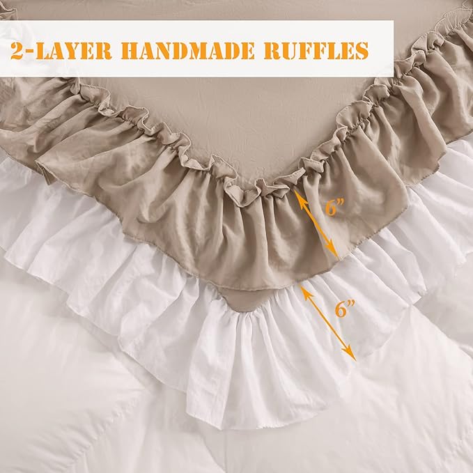 Masaca Ruffled Comforter King Size,Farmhouse Rustic Bedding Shabby Boho Chic Taupe and White Bedding Vintage Aesthetic Lightweight Fluffy Comforter Set 3 Pieces