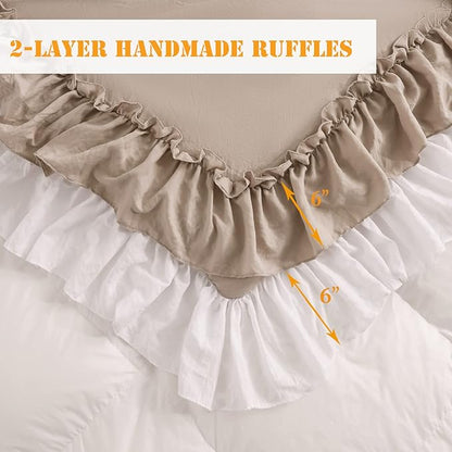 Masaca Ruffled Comforter King Size,Farmhouse Rustic Bedding Shabby Boho Chic Taupe and White Bedding Vintage Aesthetic Lightweight Fluffy Comforter Set 3 Pieces
