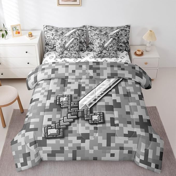 Castle Fairy Grey Pixel Style 7 Piece Comforter Set Queen Size,Geometric Miner Grid All Season Reversible Bed in a Bag Cool Sword Bedding Sets Video Games Flat Sheet,Fitted Sheet,Pillowcases
