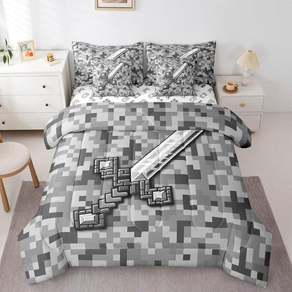 Castle Fairy Grey Pixel Style 7 Piece Comforter Set Queen Size,Geometric Miner Grid All Season Reversible Bed in a Bag Cool Sword Bedding Sets Video Games Flat Sheet,Fitted Sheet,Pillowcases
