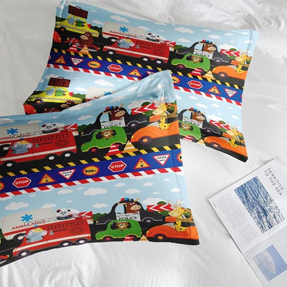 Vintage Car Lion Comforter Set for Kids Toddlers Teens Adults Twin, City Tractor Fire Bedding Sets Water Washed Microfiber Bedding with 1 Comforter 1 Pillowcase All Season