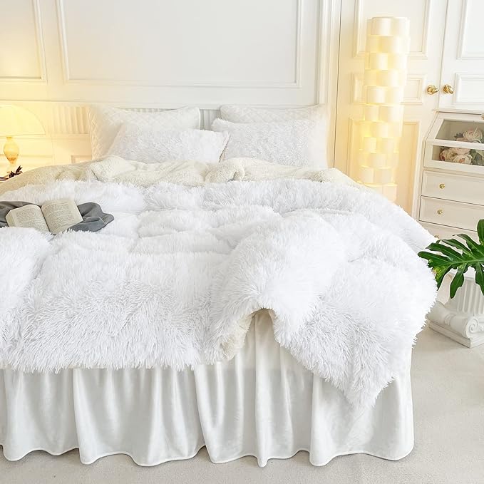 UOZZI BEDDING White Faux Fur Comforter Set King 3 Pieces - 1 White Shaggy Comforter with 2 Pillowcases - Ultra Soft and Easy Care Luxury Plush Warm Winter Duvet Set