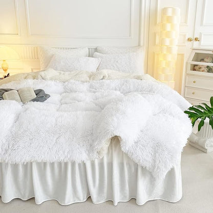 UOZZI BEDDING White Faux Fur Comforter Set Queen 3 Pieces - 1 White Shaggy Comforter Set and 2 Pillowcases, Ultra Soft and Easy Care Luxury Plush Shaggy Duvet Set