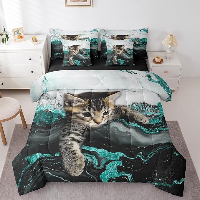 7 Pieces Green Marble Bedding Set Twin Size Marbling Green Turquoise Bed in A Bag for Kids and Adults, Cartoon Cat Bed Set for Boys Girls Teal Stone Mountain Fluid Comforter Sets with Sheets