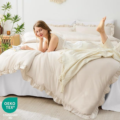 FUANNA Queen Comforter Set Beige 3 Pieces, Ruffle Shabby Chic Queen Bed Set, Fluffy Lightweight Soft Bed in a Bag Queen for All Seasons, Farmhouse Bedding Comforter Sets(1 Comforter & 2 Pillowshams)