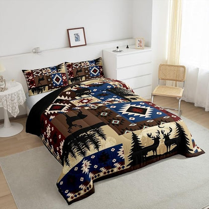 Feelyou Cute Deer Bear Comforter Set for Girls Boys Kids Full Size Southwestern Comforter Room Decorative Wild Animal Rustic Cabin Country Geometric Bedding Set Brown Plaid Duvet Set 3Pcs Quilt Set