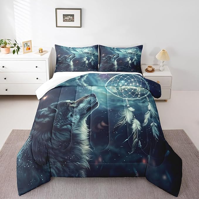 Erosebridal Hunting Wolf Twin Comforter Set,Dream Catcher Wolf Bedding Set for Kids Boys Girls Room Decor,Wild Animal Safari Bed Set Boho Exotic Ethnic Bedding Comforter Sets,1 Pillowcase