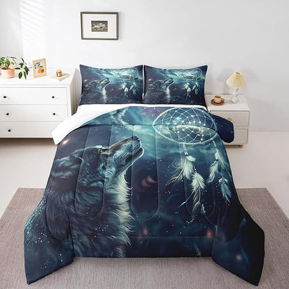 Erosebridal Hunting Wolf King Bedding Set,Dream Catcher Wolf Comforter Set for Men Women Bedroom Decor,Wild Animal Safari Quilt Set Boho Exotic Ethnic Bedding Comforter Sets,2 Pillowcases
