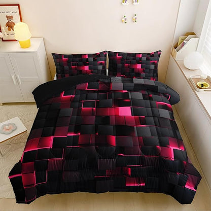 Neon Pink Black Comforter Set King Geometric Kids Bedding Set,3 PCS Geometry Honeycomb Bed Set Modern Quilt Set 1 Comforter 2 Pillow Cases Cool Room Decor All Season B-Side Black